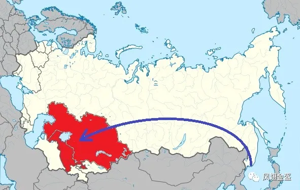 迁移和遣送中国人及朝鲜人的路径，朝鲜人留在乌兹别克，一部分中国人留在哈萨克，一部分从这里经新疆回国